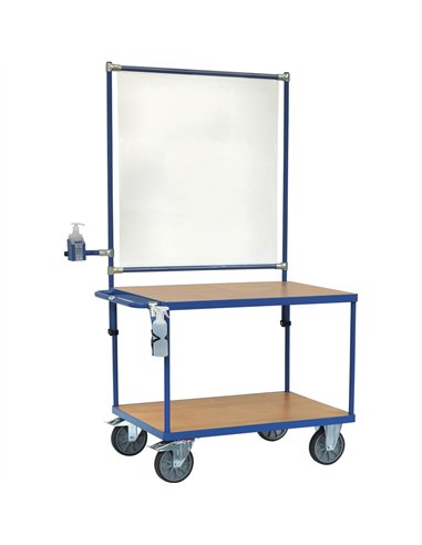 Ensemble mécano-soudé, revêtement époxy bleu RAL 5007 avec 2 plateaux en mélaminé surface effet hêtre. Charge maximum plateau du