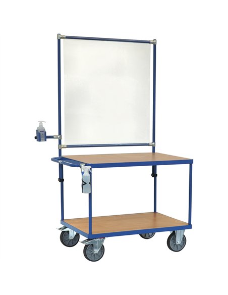 Ensemble mécano-soudé, revêtement époxy bleu RAL 5007 avec 2 plateaux en mélaminé surface effet hêtre. Charge maximum plateau du