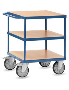 Ensemble mécano-soudé, revêtement époxy bleu RAL 5007 avec 3 plateaux carrés en mélaminé surface effet hêtre. Charge maximum pla