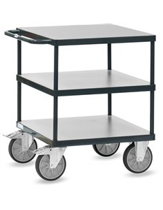 Ensemble mécano-soudé, revêtement époxy gris anthracite RAL 7016 avec 3 plateaux carrés en mélaminé surface gris moyen. Charge m