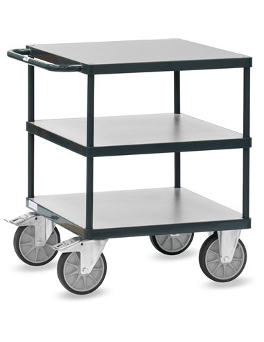 Ensemble mécano-soudé, revêtement époxy gris anthracite RAL 7016 avec 3 plateaux carrés en mélaminé surface gris moyen. Charge m