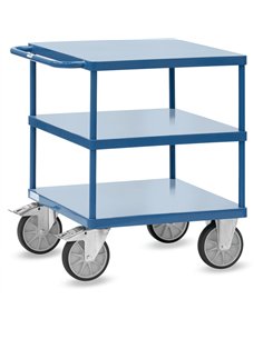 Ensemble mécano-soudé, revêtement époxy bleu RAL 5007, assemblé selon le principe des "inserts fetra". 3 plateaux en tôle d'acie