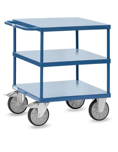 Ensemble mécano-soudé, revêtement époxy bleu RAL 5007, assemblé selon le principe des "inserts fetra". 3 plateaux en tôle d'acie