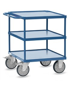 Ensemble mécano-soudé, revêtement époxy bleu RAL 5007, assemblé selon le principe des "inserts fetra". 3 plateaux en tôle d'acie