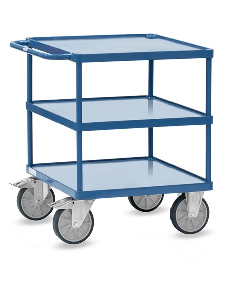 Ensemble mécano-soudé, revêtement époxy bleu RAL 5007, assemblé selon le principe des "inserts fetra". 3 plateaux en tôle d'acie