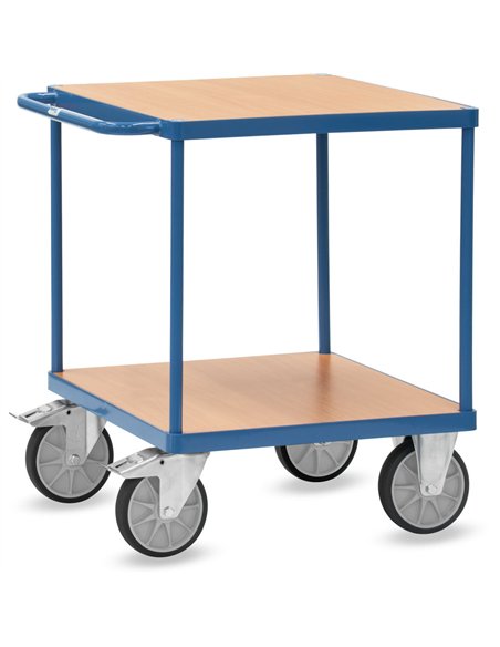 Ensemble mécano-soudé, revêtement époxy bleu RAL 5007 avec 2 plateaux carrés en mélaminé surface effet hêtre. Charge maximum pla