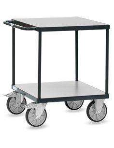 Ensemble mécano-soudé, revêtement époxy gris anthracite RAL 7016 avec 2 plateaux carrés en mélaminé surface gris moyen. Charge m