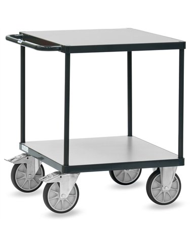 Ensemble mécano-soudé, revêtement époxy gris anthracite RAL 7016 avec 2 plateaux carrés en mélaminé surface gris moyen. Charge m