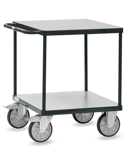 Ensemble mécano-soudé, revêtement époxy gris anthracite RAL 7016 avec 2 plateaux carrés en mélaminé surface gris moyen. Charge m