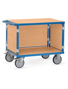 Ensemble mécano-soudé, revêtement époxy bleu RAL 5007 avec 2 plateaux en mélaminé surface effet hêtre. Charge maximum plateau du