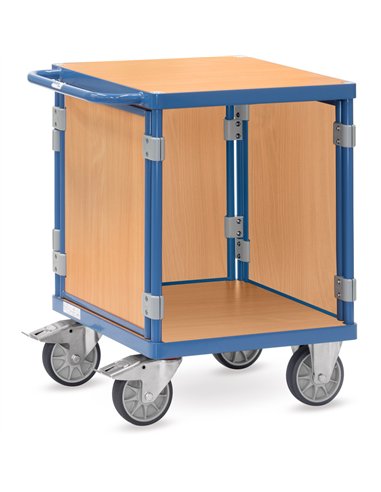 Ensemble mécano-soudé, revêtement époxy bleu RAL 5007 avec 2 plateaux en mélaminé surface effet hêtre. Charge maximum plateau du