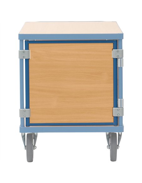 En mélaminé surface effet hêtre dans cadre acier revêtement époxy RAL 5007. Montage facile grâce à des attaches en plastique. Po