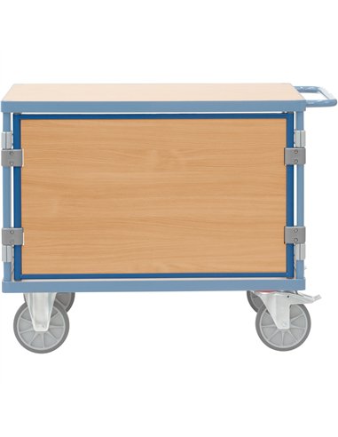 En mélaminé surface effet hêtre dans cadre acier revêtement époxy RAL 5007. Montage facile grâce à des attaches en plastique. Po