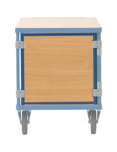 En mélaminé surface effet hêtre dans cadre acier revêtement époxy RAL 5007. Montage facile grâce à des attaches en plastique. Po