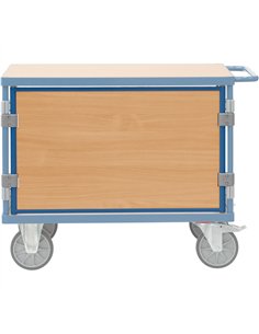 En mélaminé surface effet hêtre dans cadre acier revêtement époxy RAL 5007. Montage facile grâce à des attaches en plastique. Po