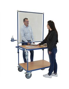 Ensemble mécano-soudé, revêtement époxy bleu RAL 5007 avec 2 plateaux en mélaminé surface effet hêtre. Charge maximum plateau du 2